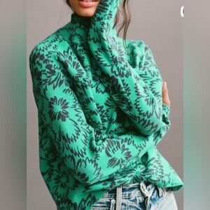 Maeve by Anthropologie Carys Mock-Neck Floral Sweater Green Black XS